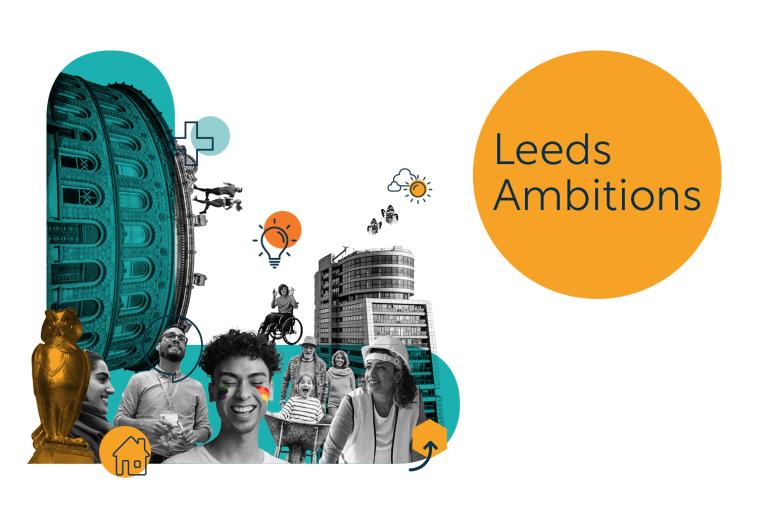 Leeds Ambitions logo with a backdrop of people and buildings in Leeds, Bridgewater Place and Corn Exchange